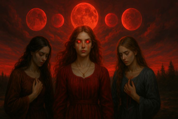 O Sangue das Três Luas - Capítulo XII. Três luas despontam no céu noturno, cada uma em fase distinta, mas unidas por um alinhamento