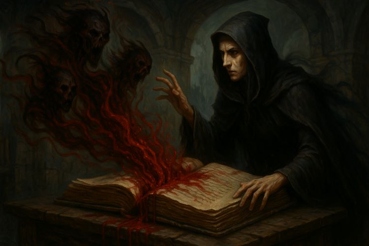 Os Livros que Sangram. As páginas estavam trancadas por sete chaves encantadas. Mas nada feito de magia viva permanece adormecido para