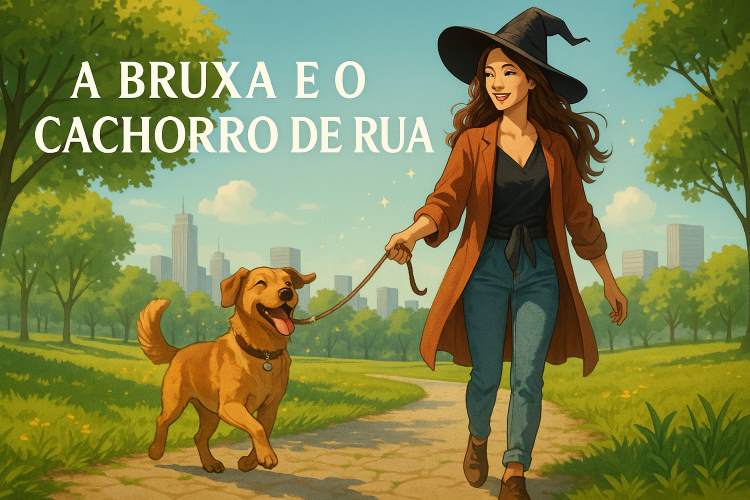 A Bruxa e o Cachorro de Rua. Na esquina de uma cidade apressada, entre o barulho dos carros e o cinza das calçadas, havia um beco pouco