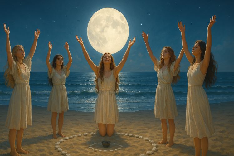Círculo de Lua Cheia na Praia. A brisa salgada da noite tocava suavemente os cabelos das bruxas, enquanto a maré subia em silêncio
