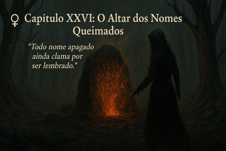 O Altar dos Nomes Queimados. Cada passo de Liora afundava ligeiramente em um solo que já fora terra — agora, era apenas memória queimada.