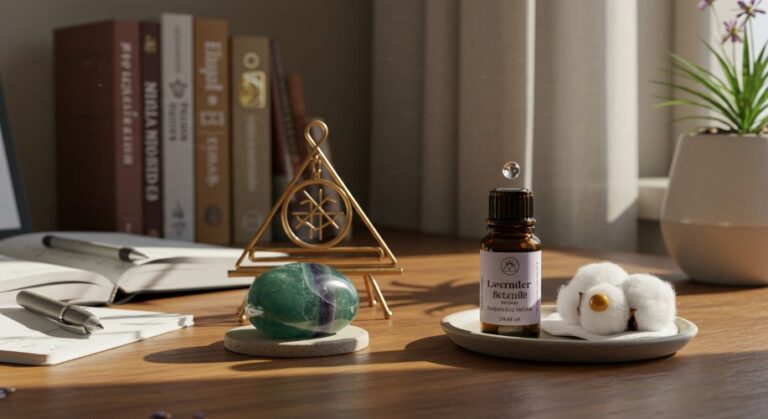 Pequeno Altar na Mesa de Trabalho com Cristal de Fluorita e Gotas de Lavanda. Em meio à rotina, pequenos gestos de presença