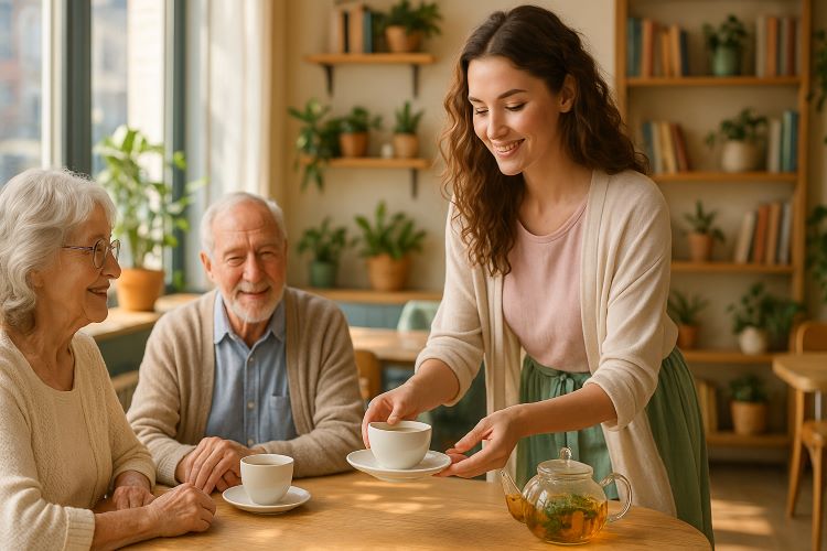 Chá de Memória Boa - Capítulo 22. Cortinas claras balançam com a brisa suave, e o aroma que paira no ar não é de café comum