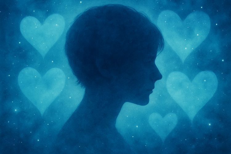 Silhueta do Amor. Um poema breve e tocante que retrata a delicadeza de uma mulher com cabelos ao vento, envolta em corações e mistério.