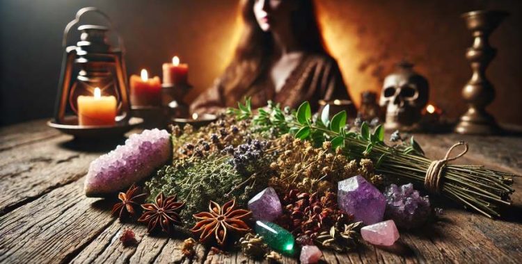"Ervas e Cristais das Bruxas": Uma imagem de alta resolução de uma coleção de ervas secas e cristais coloridos, dispostos em uma mesa de madeira rústica. Ao fundo, há uma figura feminina que aparece parcialmente, com um semblante calmo, sugerindo um ritual de cura e proteção.